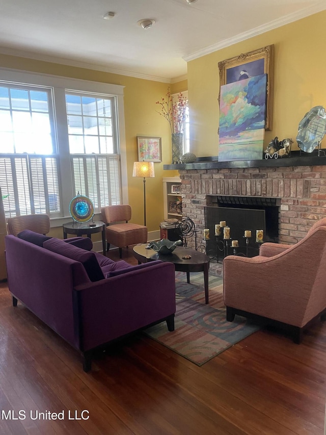 800 Gillespie St, Jackson, MS 39202 - living room with wood finished floors, ornamental molding, and a brick fireplace