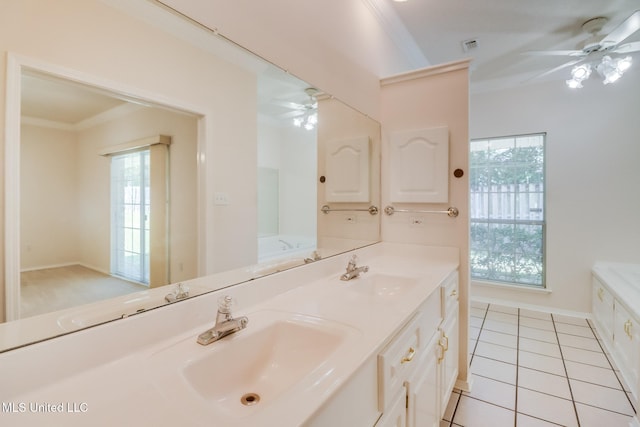 696 Aukai Pl, Diamondhead, MS 39525 - bathroom with ceiling fan, healthy amount of natural light, ornamental molding, and double vanity