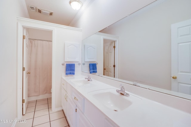 696 Aukai Pl, Diamondhead, MS 39525 - bathroom with tile patterned floors, double vanity, crown molding, and a shower with curtain