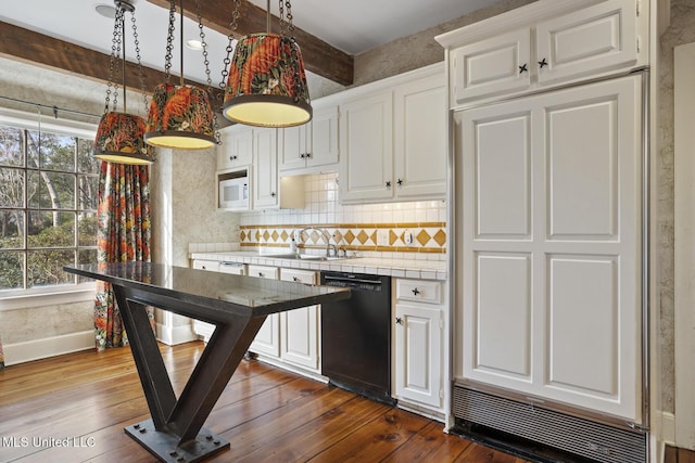 kitchen with tile countertops, plenty of natural light, dark hardwood / wood-style flooring, dishwasher, and white cabinets