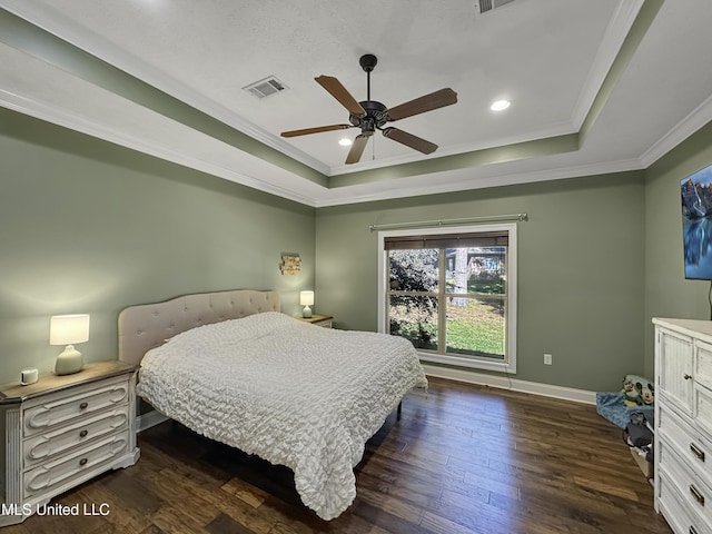 214 Terrapin Creek Rd, Brandon, MS 39042 - bedroom with a raised ceiling, dark wood-type flooring, ornamental molding, baseboards, and ceiling fan