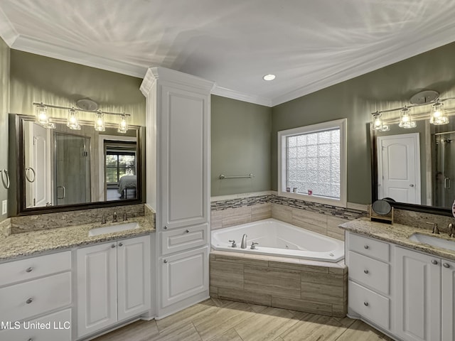 214 Terrapin Creek Rd, Brandon, MS 39042 - bathroom featuring a tub with jets, ornamental molding, two vanities, and a stall shower