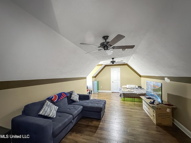 214 Terrapin Creek Rd, Brandon, MS 39042 - living room with lofted ceiling, hardwood / wood-style flooring, a ceiling fan, and baseboards