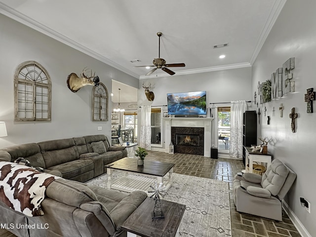 214 Terrapin Creek Rd, Brandon, MS 39042 - living area with a ceiling fan, ornamental molding, baseboards, recessed lighting, and a tiled fireplace