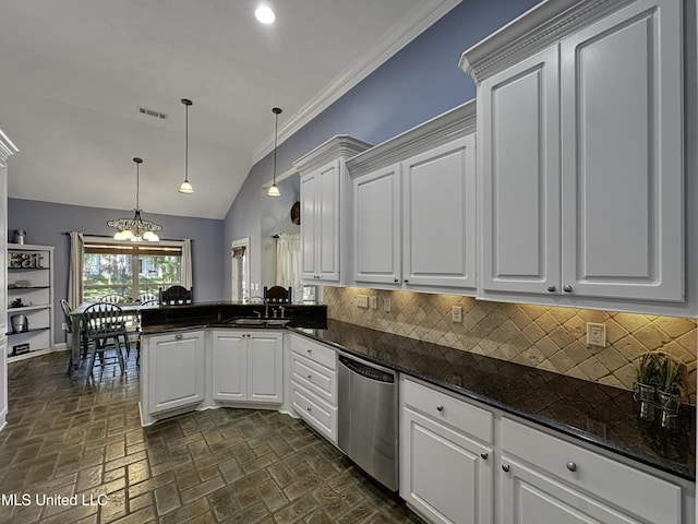 214 Terrapin Creek Rd, Brandon, MS 39042 - kitchen with stainless steel dishwasher, a peninsula, tasteful backsplash, a sink, and a chandelier