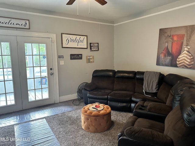 425 Downing St, Jackson, MS 39216 - living area featuring ceiling fan, baseboards, and crown molding