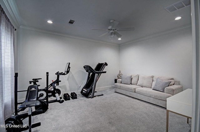 exercise area with ceiling fan, baseboards, carpet floors, ornamental molding, and recessed lighting