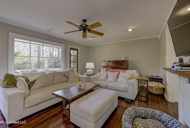 living room with crown molding, ceiling fan, and dark hardwood / wood-style flooring