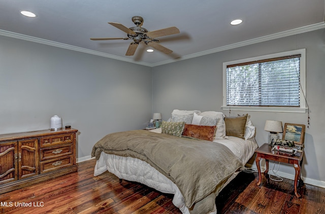 bedroom featuring crown molding, ceiling fan, and dark hardwood / wood-style floors