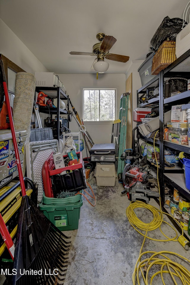 storage room featuring ceiling fan