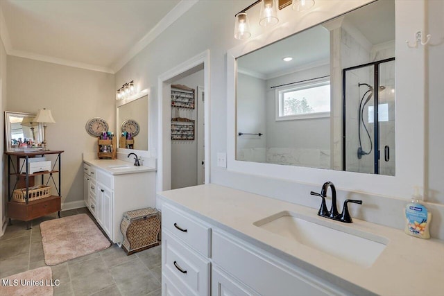 221 Lost Oak Ln, Brandon, MS 39047 - bathroom featuring ornamental molding, a stall shower, vanity, and tile patterned floors