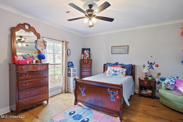 221 Lost Oak Ln, Brandon, MS 39047 - bedroom with light wood-type flooring, ornamental molding, and ceiling fan