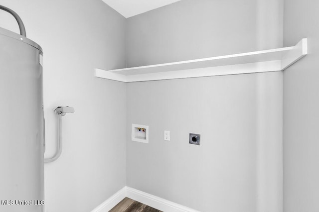 washroom featuring laundry area, hookup for a washing machine, electric dryer hookup, wood finished floors, and baseboards