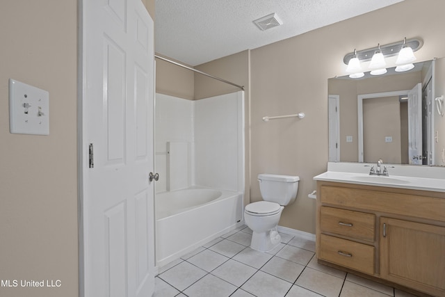 full bathroom with visible vents, toilet, vanity, tile patterned floors, and a textured ceiling