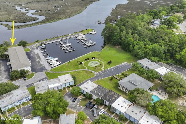 drone / aerial view featuring a water view