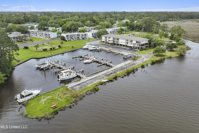 aerial view featuring a water view