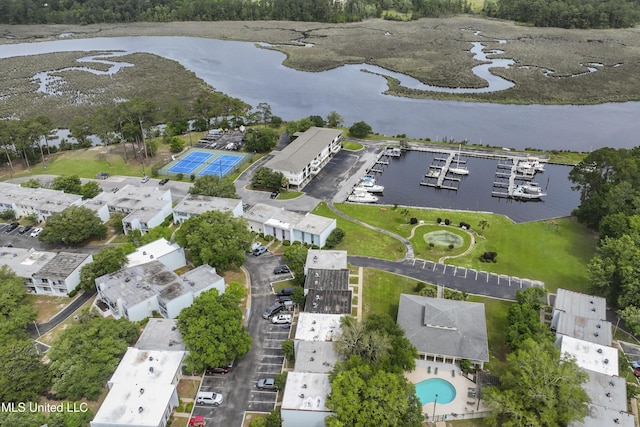 aerial view featuring a water view