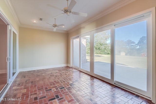 doorway to outside featuring crown molding, french doors, and ceiling fan