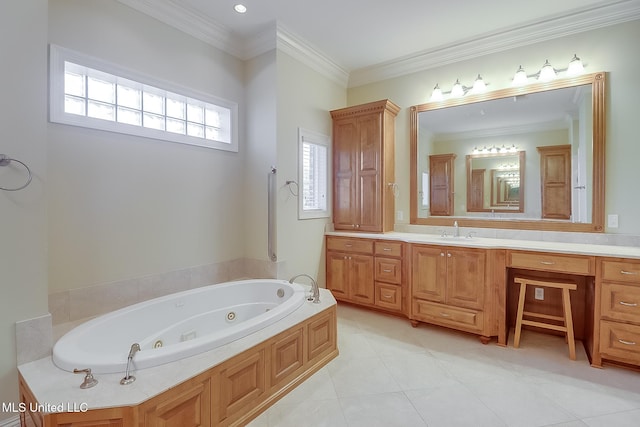 bathroom featuring crown molding, vanity, and a bath