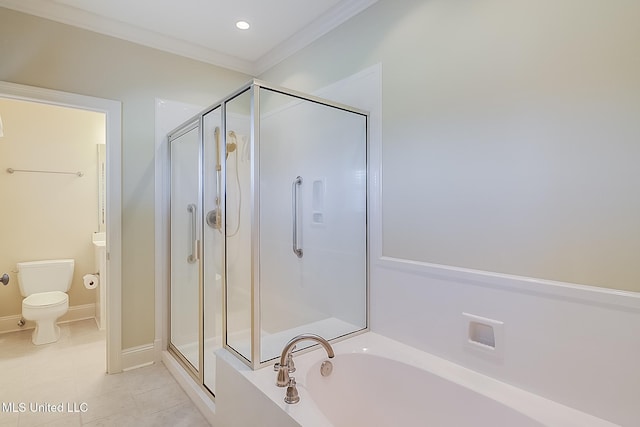 bathroom featuring shower with separate bathtub, tile patterned floors, toilet, and ornamental molding