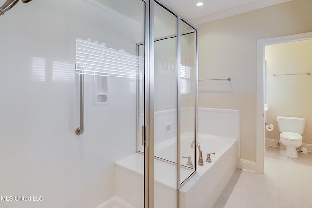 bathroom featuring toilet, shower with separate bathtub, tile patterned floors, and crown molding