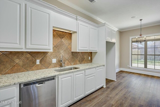 kitchen with dishwasher, dark wood-style floors, crown molding, white cabinetry, and a sink