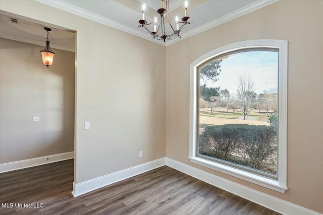 unfurnished dining area with visible vents, baseboards, dark wood-style floors, ornamental molding, and a chandelier