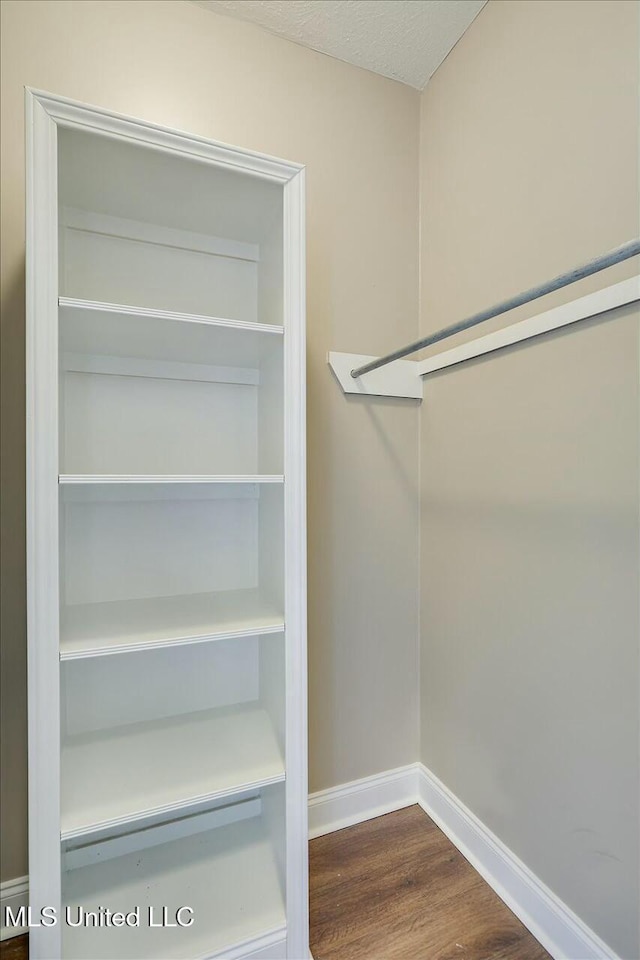 spacious closet with dark wood-style floors