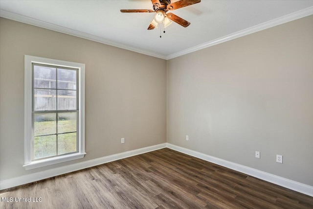 unfurnished room with a ceiling fan, crown molding, baseboards, and dark wood-type flooring