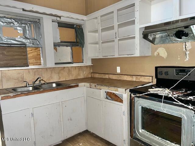 721 Adams St, Vicksburg, MS 39183 - kitchen with electric range oven, ventilation hood, white cabinets, decorative backsplash, and a sink