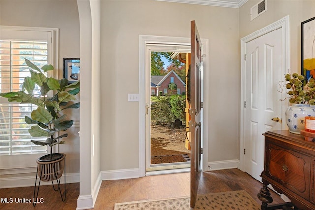 foyer with ornamental molding, hardwood / wood-style floors, and a healthy amount of sunlight