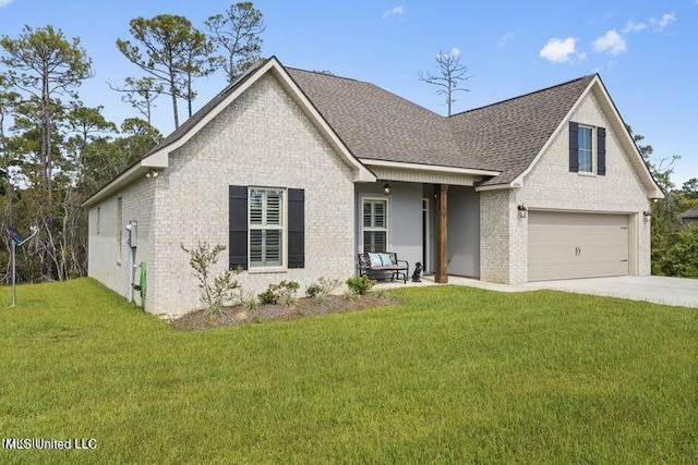 view of front facade featuring brick siding, a shingled roof, concrete driveway, an attached garage, and a front lawn