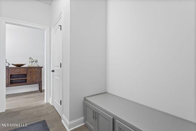 mudroom with wood tiled floor and baseboards