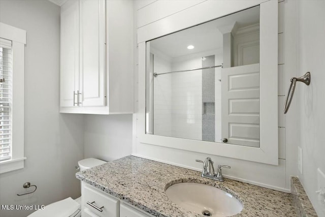 bathroom with vanity, toilet, and a shower