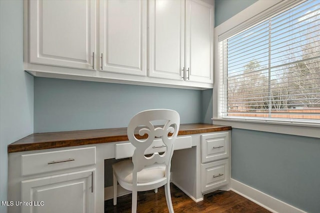 office space featuring built in desk and dark hardwood / wood-style floors