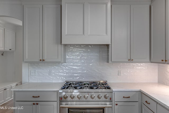 kitchen featuring light stone countertops, high end stainless steel range, and tasteful backsplash