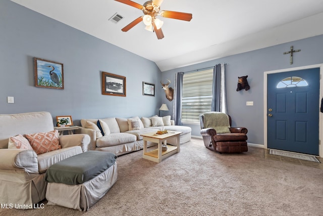 2301 Paula Cir, Ocean Springs, MS 39564 - carpeted living room featuring ceiling fan and lofted ceiling