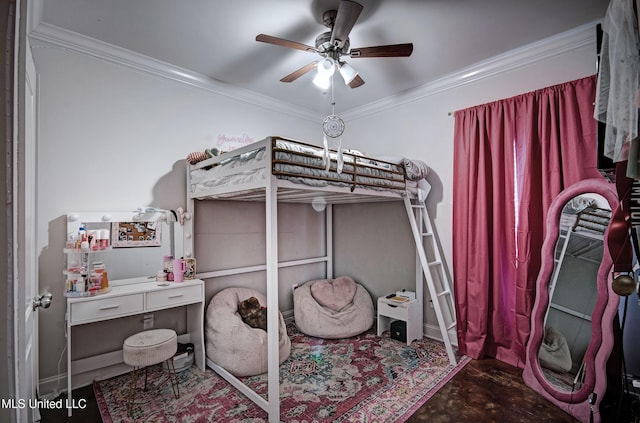 bedroom featuring crown molding and a ceiling fan