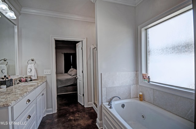 ensuite bathroom featuring vanity, a tub with jets, ornamental molding, a shower stall, and connected bathroom