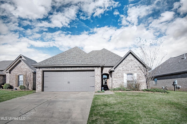 french country home with a front yard, roof with shingles, an attached garage, concrete driveway, and brick siding