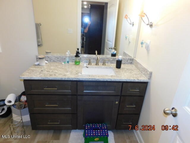 bathroom with vanity and wood-type flooring