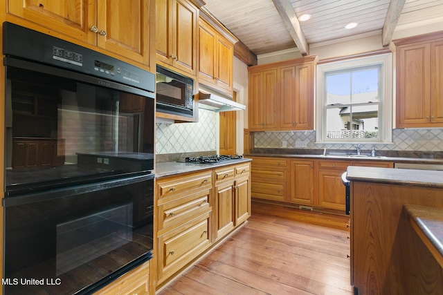 kitchen with wooden ceiling, beamed ceiling, light hardwood / wood-style floors, decorative backsplash, and black appliances