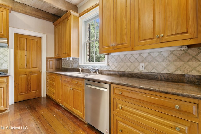 kitchen featuring decorative backsplash, dark hardwood / wood-style flooring, sink, beam ceiling, and dishwasher