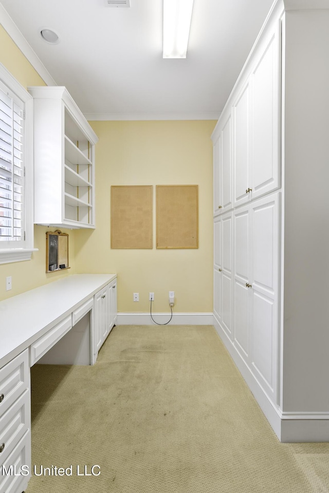 unfurnished office featuring light colored carpet and ornamental molding