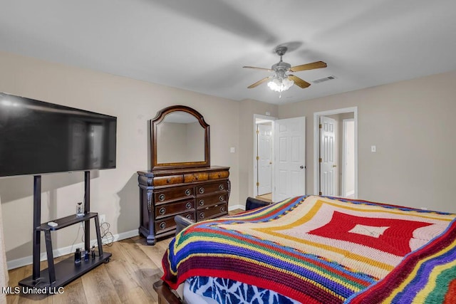 bedroom featuring light wood-type flooring, visible vents, ceiling fan, and baseboards