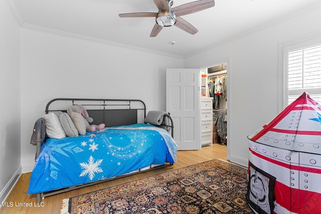 bedroom with a closet, a walk in closet, ornamental molding, hardwood / wood-style floors, and ceiling fan