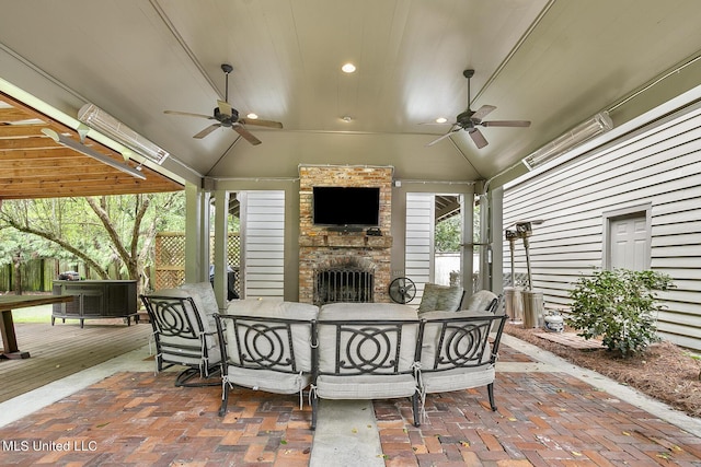 3844 Hawthorn Dr, Jackson, MS 39216 - view of patio featuring a ceiling fan, a deck, outdoor dining area, and an outdoor brick fireplace