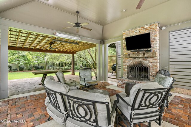 3844 Hawthorn Dr, Jackson, MS 39216 - view of patio with a deck, an outdoor living space with a fireplace, ceiling fan, and fence