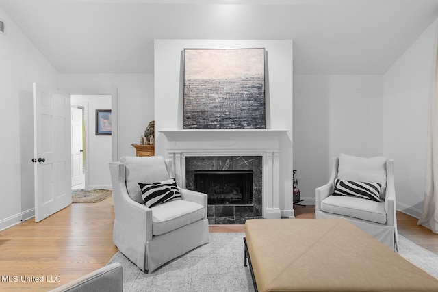 living room featuring wood-type flooring and a fireplace