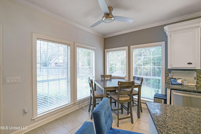 tiled dining space featuring ceiling fan, plenty of natural light, and crown molding